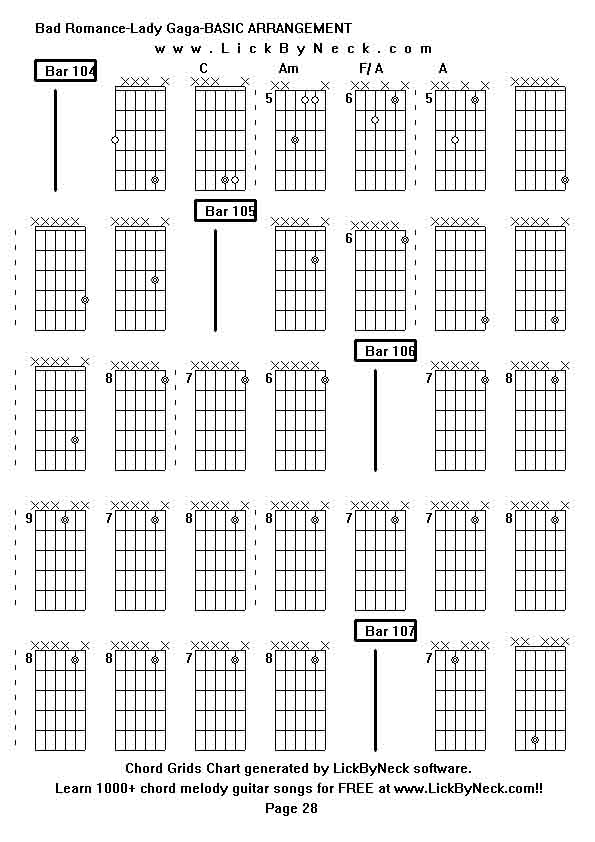 Chord Grids Chart of chord melody fingerstyle guitar song-Bad Romance-Lady Gaga-BASIC ARRANGEMENT,generated by LickByNeck software.